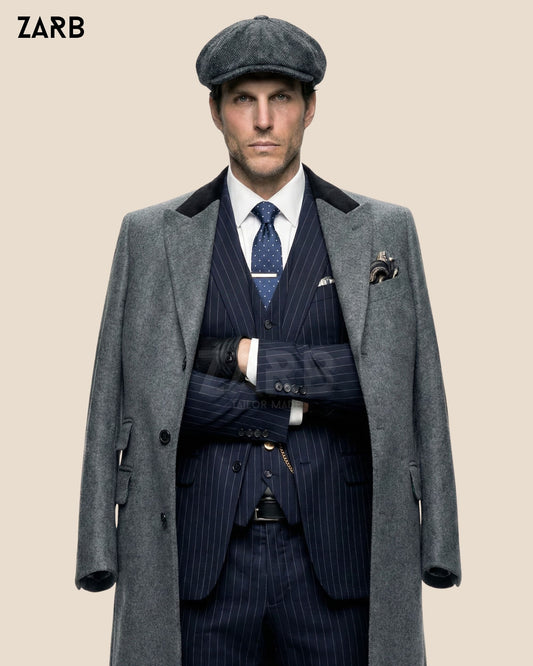 ZARB gray wool overcoat paired with suit and vest