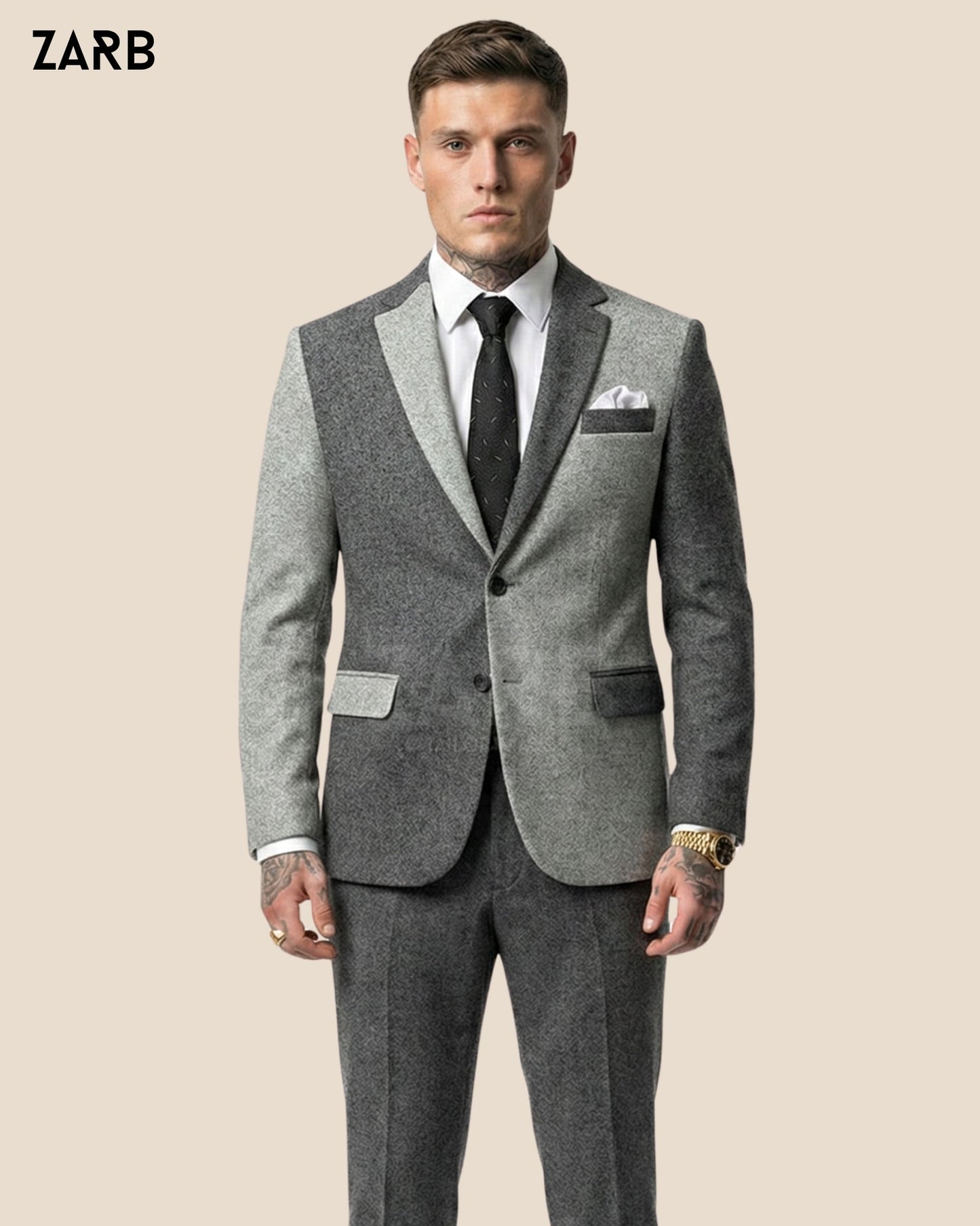 ZARB two-tone grey tweed wool 2 piece suit — bespoke vintage tailored jacket and trousers for men