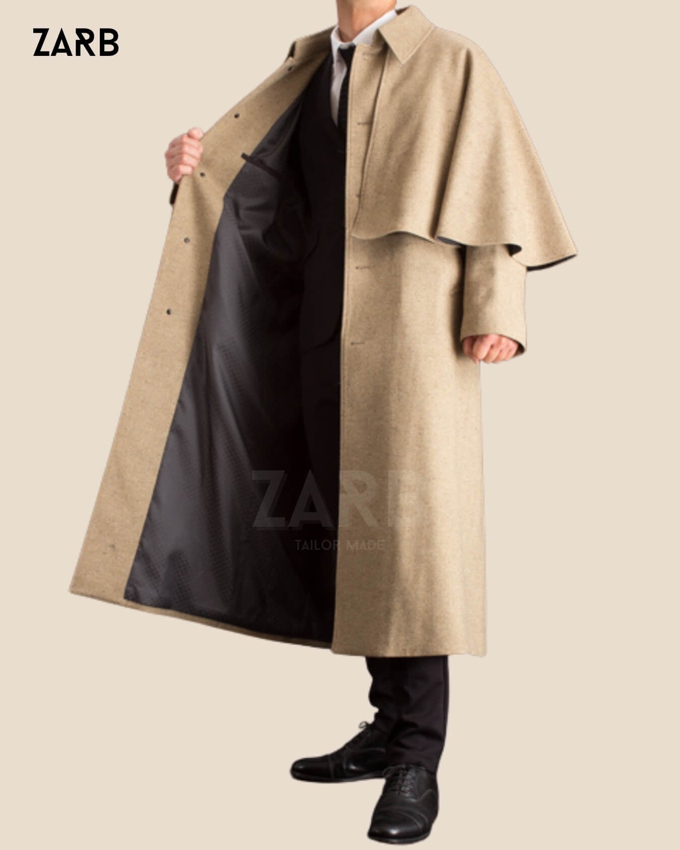 Beige Wool Victorian Cape – Men’s Edwardian Cape Coat | Bespoke Tailored ZARB Officials