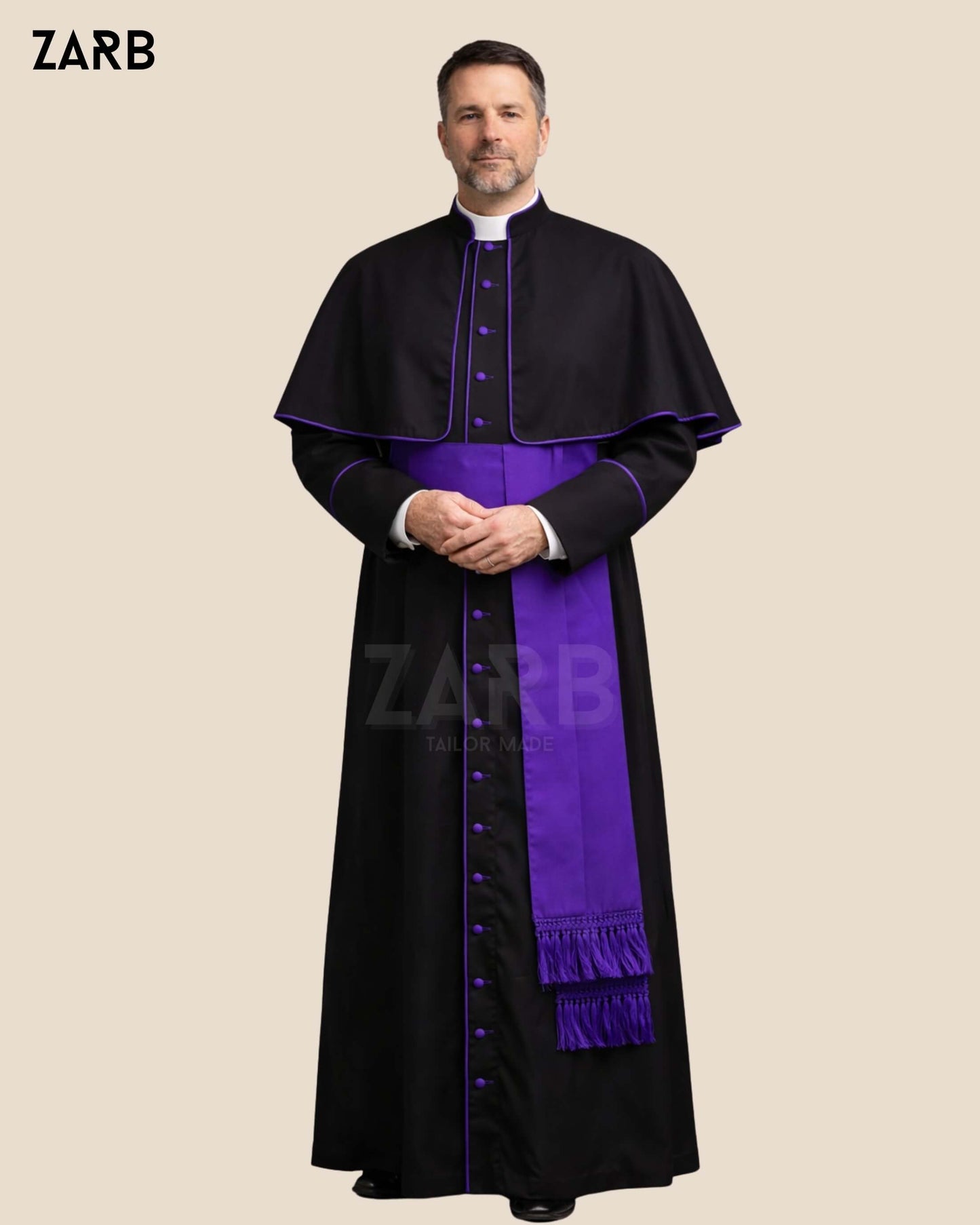 Black Cassock Violet Trim & Pellegrina | Monsignor Custom Soutane | Bespoke Tailored ZARB Officials