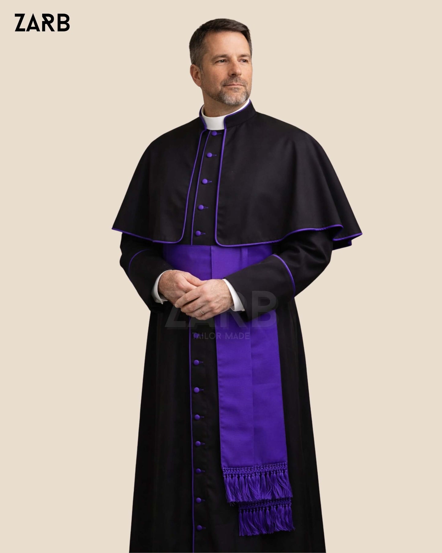 Black Cassock Violet Trim & Pellegrina | Monsignor Custom Soutane | Bespoke Tailored ZARB Officials