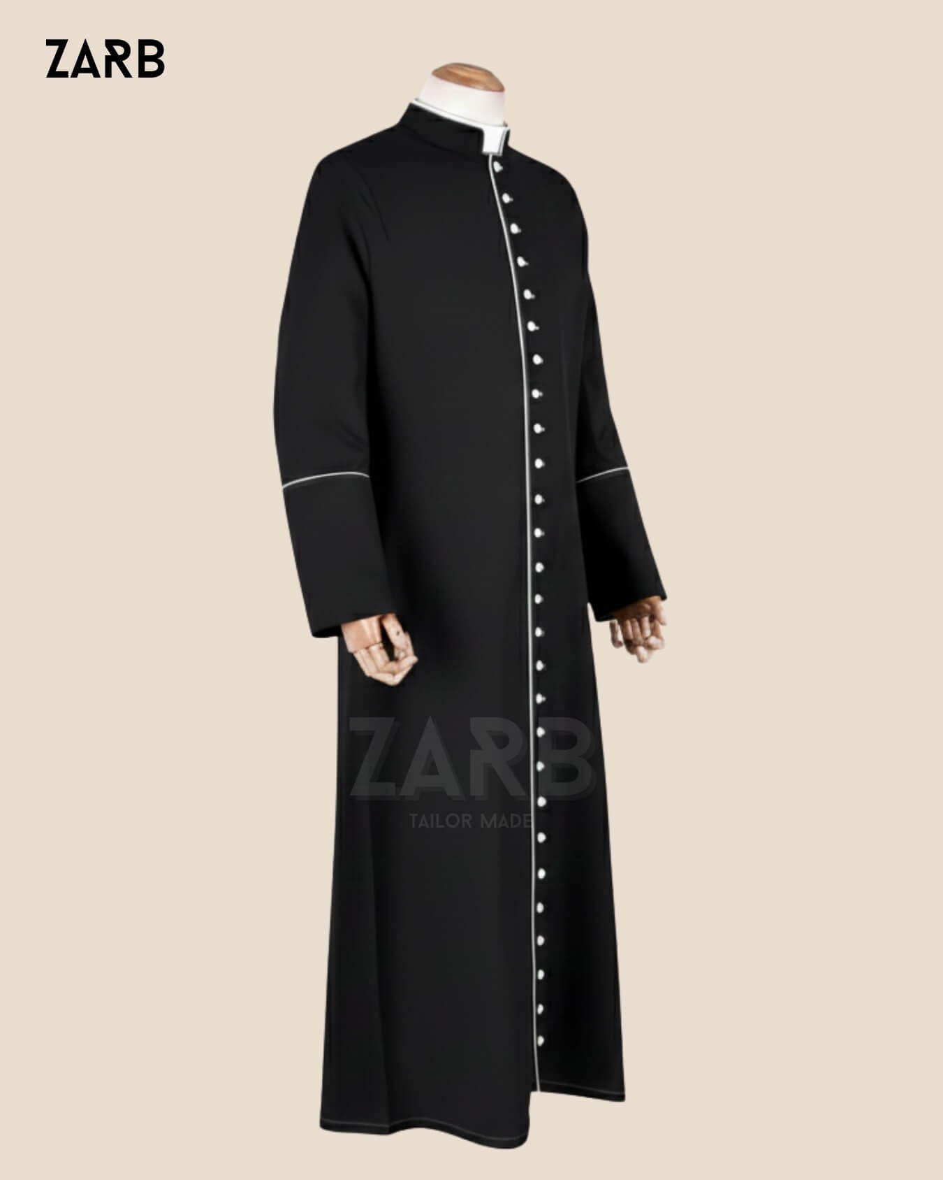 Black Clergy Cassock with White Trim & Buttons | Bespoke Tailored ZARB Officials
