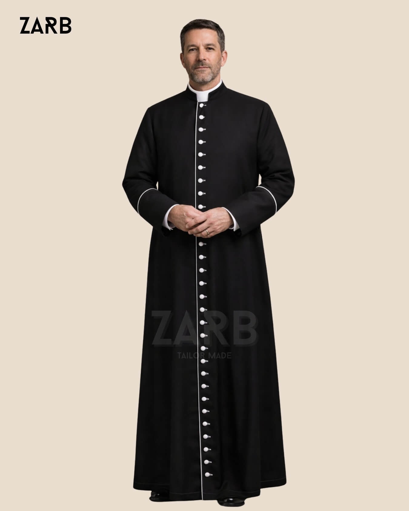 Black Clergy Cassock with White Trim & Buttons | Bespoke Tailored ZARB Officials