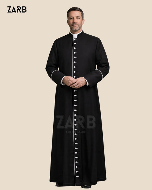 Black Clergy Cassock with White Trim & Buttons | Bespoke Tailored ZARB Officials