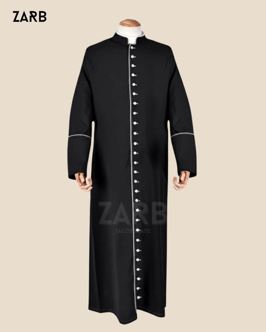 Black Clergy Cassock with White Trim & Buttons | Bespoke Tailored ZARB Officials