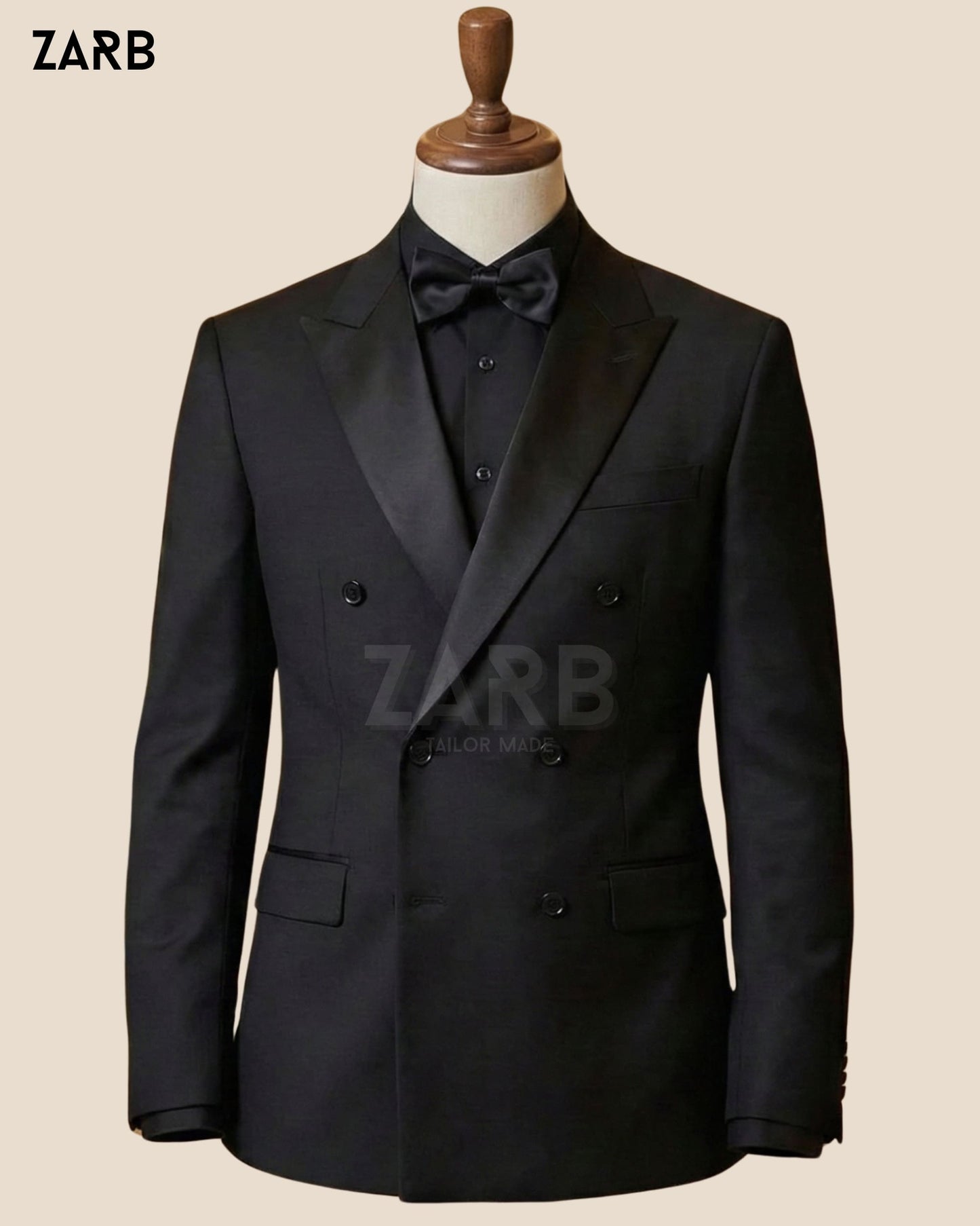 Black Double Breasted Tuxedo for Men – Satin Peak Lapel Wedding & Black Tie Suit | Bespoke Tailored ZARB Officials
