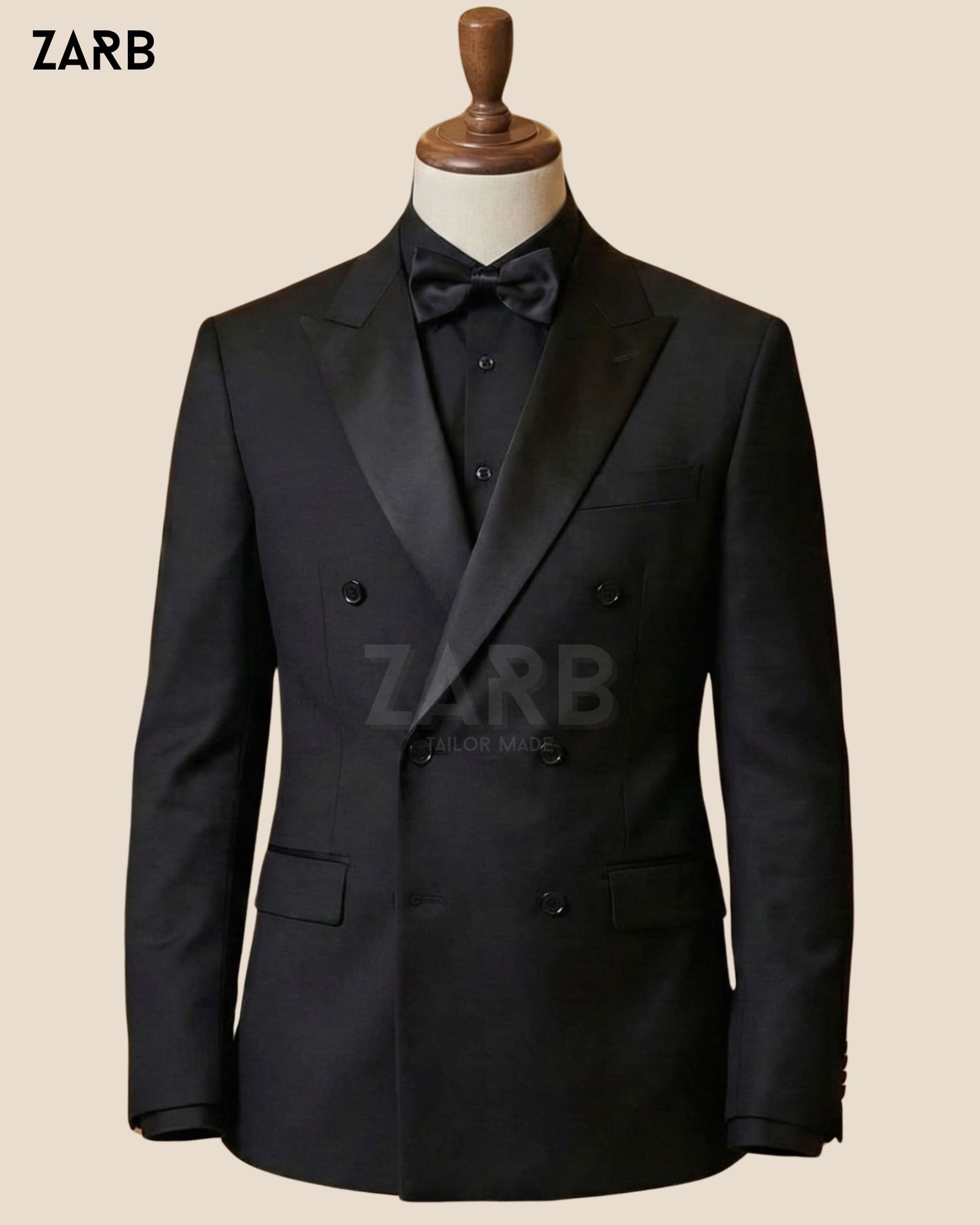 Black Double Breasted Tuxedo for Men – Satin Peak Lapel Wedding & Black Tie Suit | Bespoke Tailored ZARB Officials