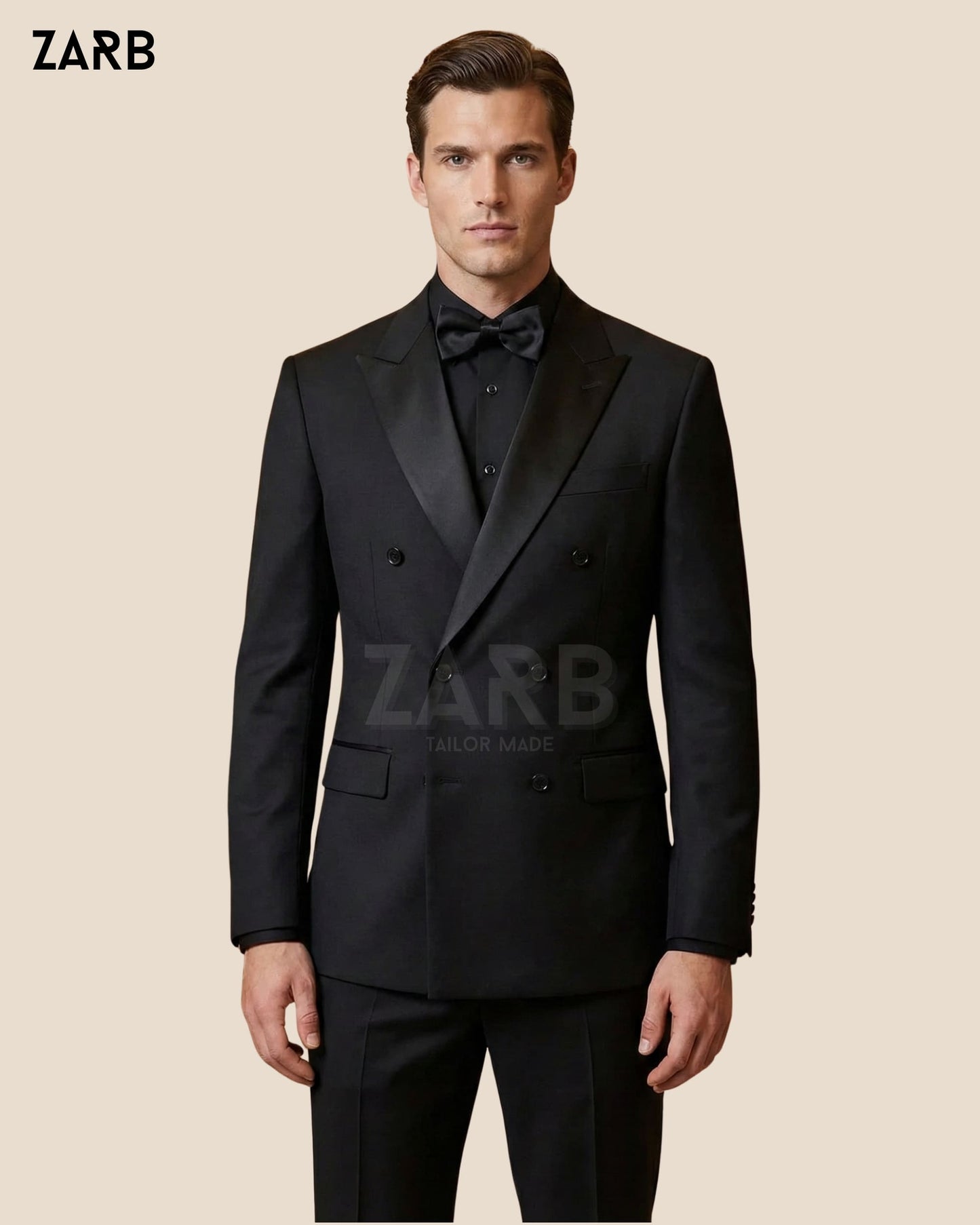 Black Double Breasted Tuxedo for Men – Satin Peak Lapel Wedding & Black Tie Suit | Bespoke Tailored ZARB Officials