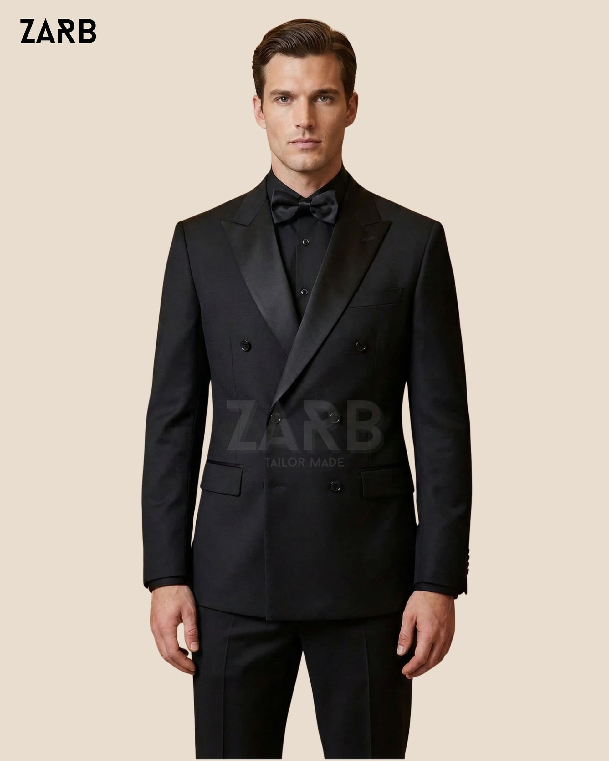 Black Double Breasted Tuxedo for Men – Satin Peak Lapel Wedding & Black Tie Suit | Bespoke Tailored ZARB Officials
