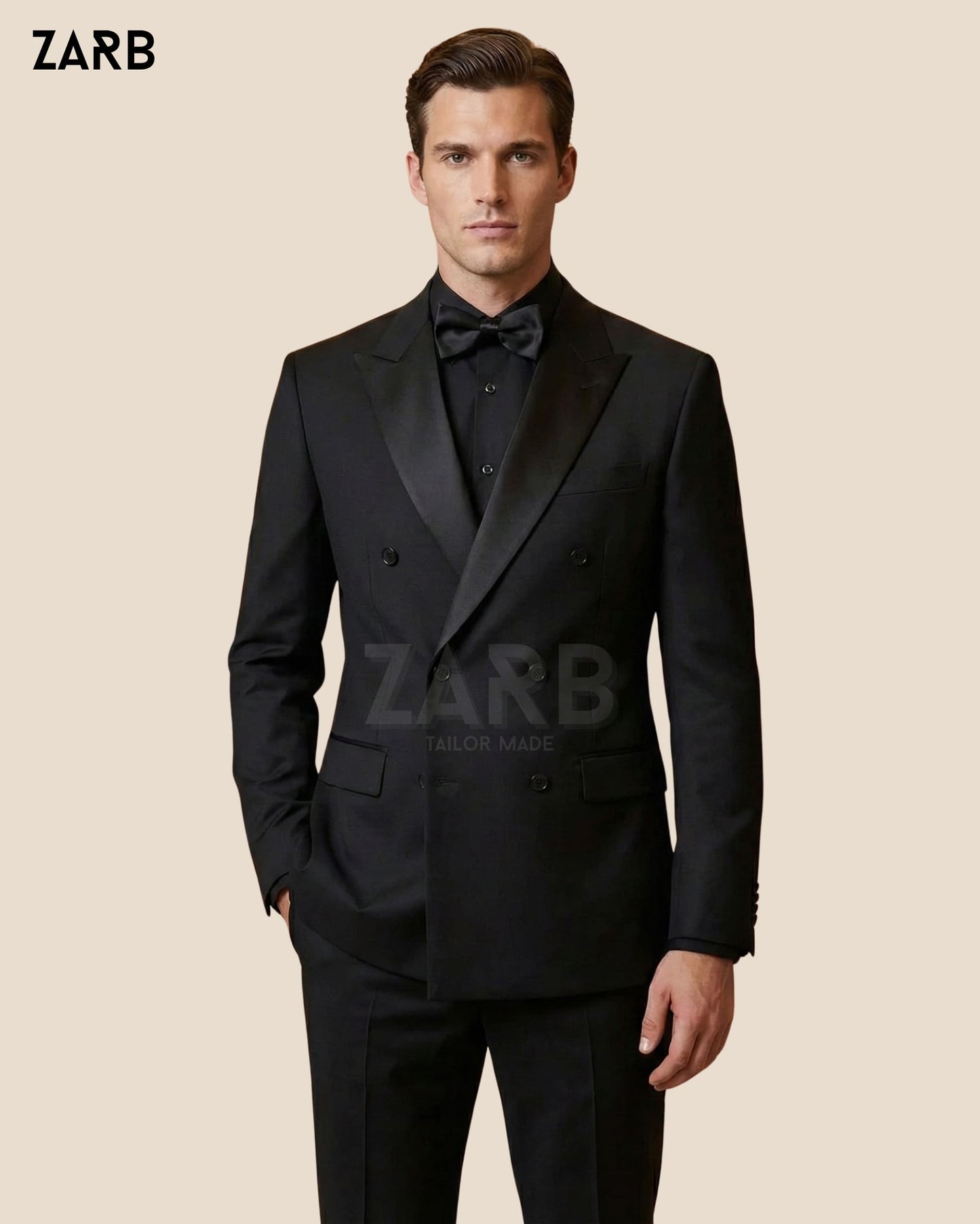 Black Double Breasted Tuxedo for Men – Satin Peak Lapel Wedding & Black Tie Suit | Bespoke Tailored ZARB Officials