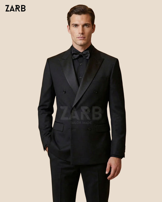 Black Double Breasted Tuxedo for Men – Satin Peak Lapel Wedding & Black Tie Suit | Bespoke Tailored ZARB Officials