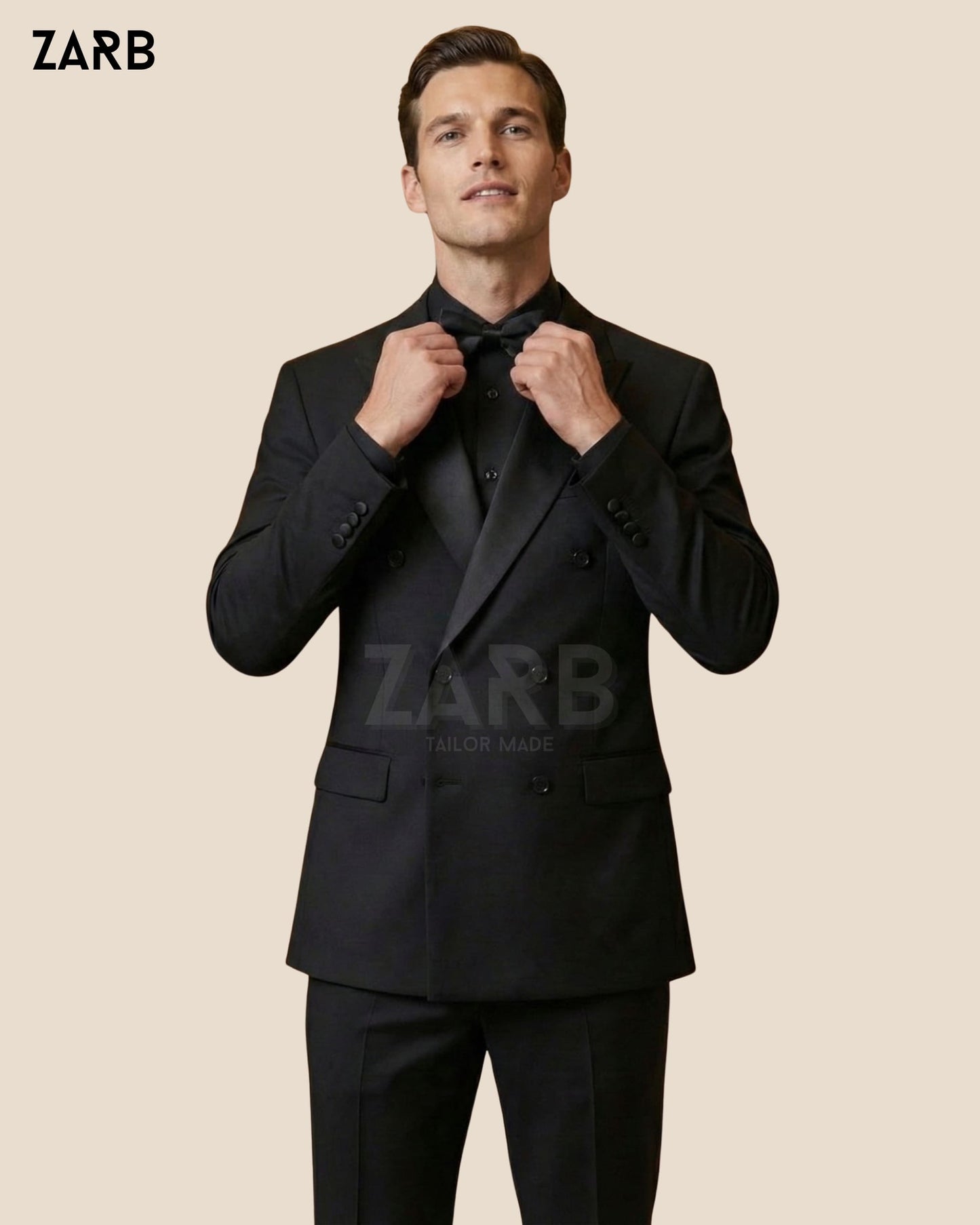 Black Double Breasted Tuxedo for Men – Satin Peak Lapel Wedding & Black Tie Suit | Bespoke Tailored ZARB Officials