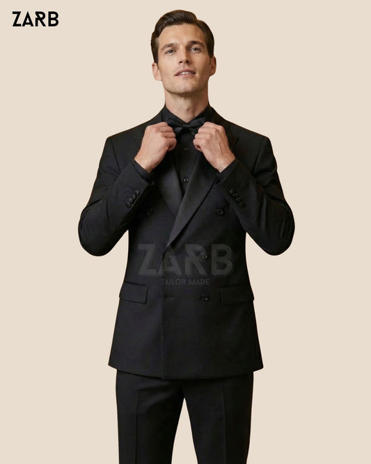Black Double Breasted Tuxedo for Men – Satin Peak Lapel Wedding & Black Tie Suit | Bespoke Tailored ZARB Officials