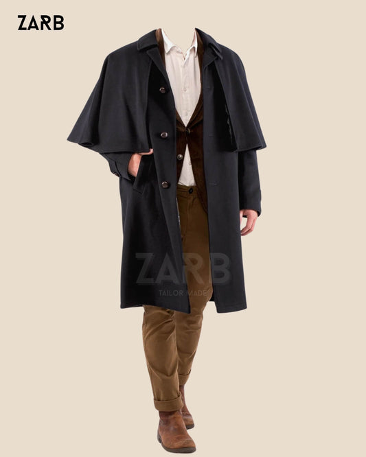 Black Inverness Cape Coat – Sherlock Holmes Style | Bespoke Tailored ZARB Officials