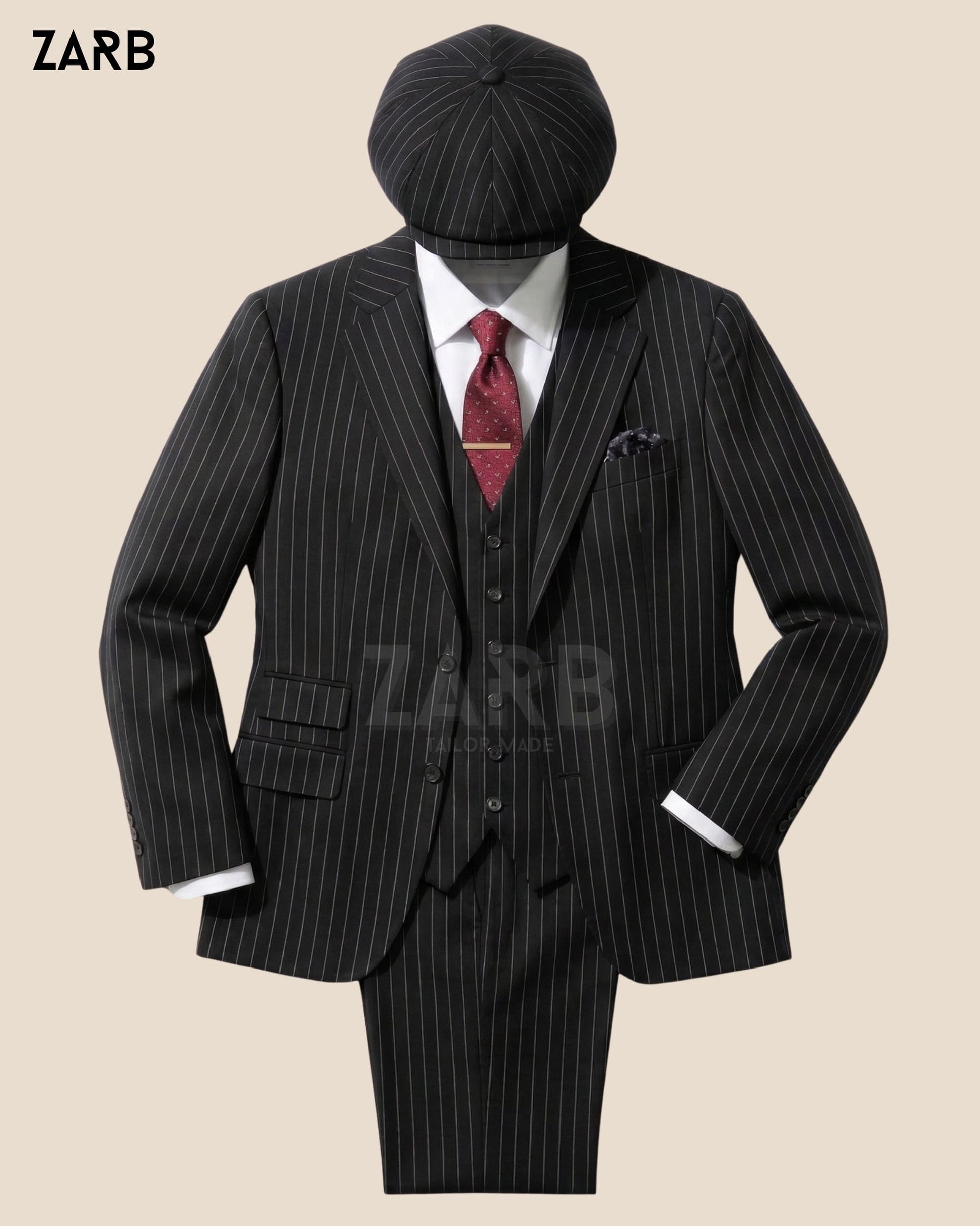 Black Pinstripe 3 Piece Suit – Peaky Style Vintage 1920s Wedding & Formal Suit for Men | Bespoke Tailored ZARB Officials