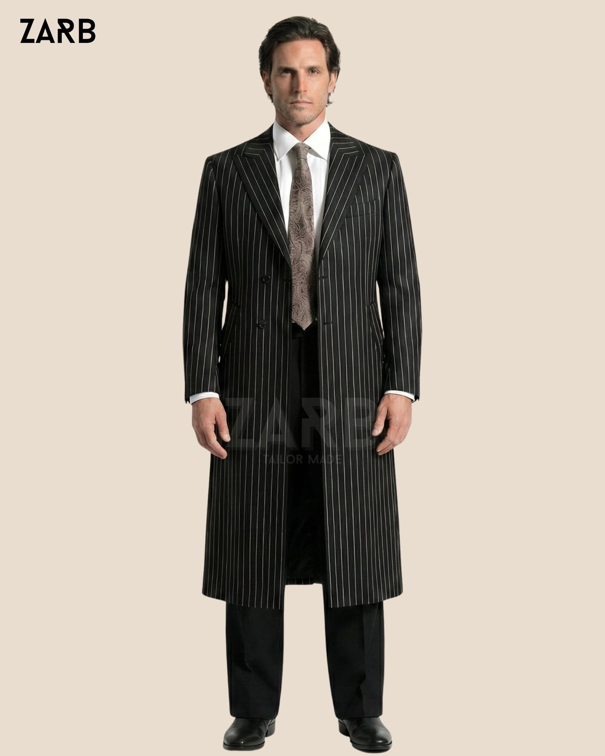 Black Pinstripe Long Coat – Vintage Gentleman Overcoat | Peaky Style Formal Coat for Men | Bespoke Tailored ZARB Officials