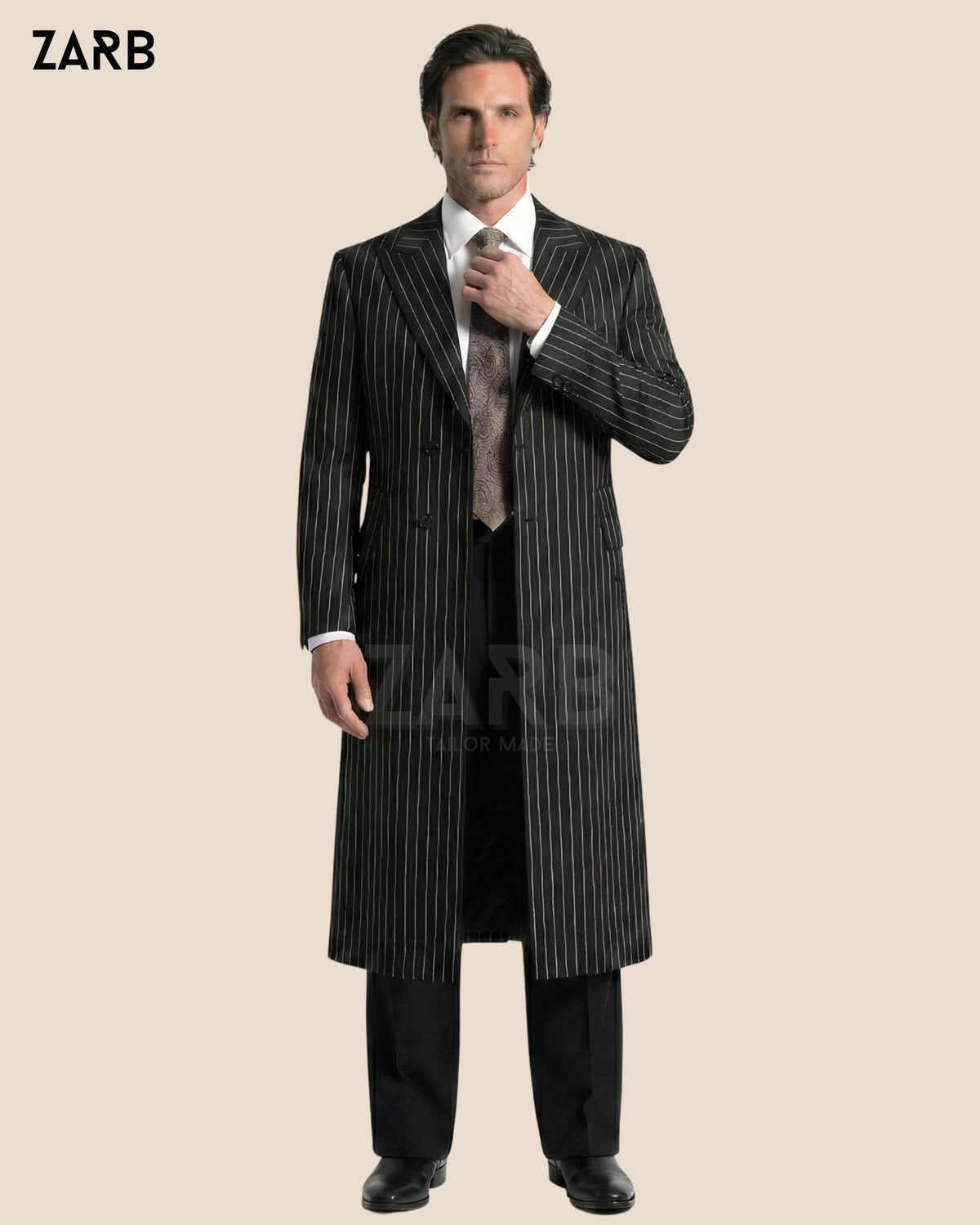 Black Pinstripe Long Coat – Vintage Gentleman Overcoat | Peaky Style Formal Coat for Men | Bespoke Tailored ZARB Officials