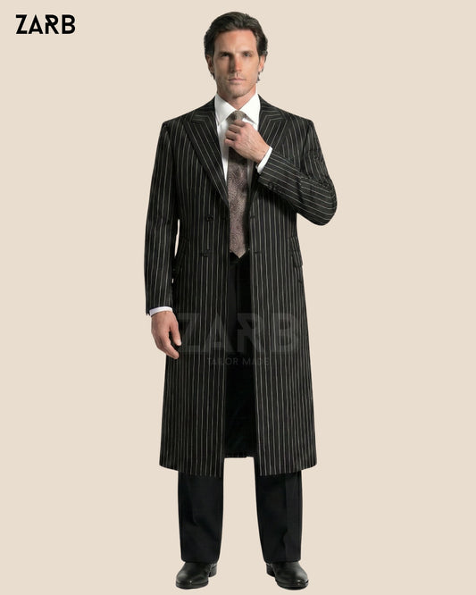 Black Pinstripe Long Coat – Vintage Gentleman Overcoat | Peaky Style Formal Coat for Men | Bespoke Tailored ZARB Officials