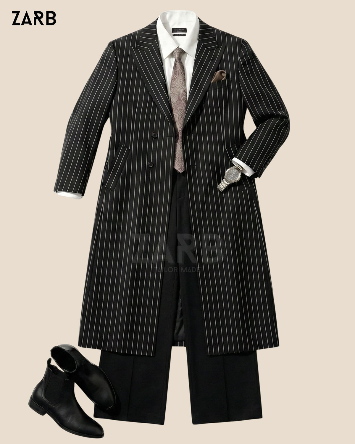 Black Pinstripe Long Coat – Vintage Gentleman Overcoat | Peaky Style Formal Coat for Men | Bespoke Tailored ZARB Officials