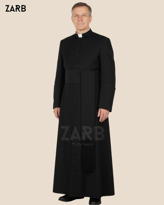 Black Roman Cassock — Custom Tailored Clergy Robe with Black Fascia | ZARB | Bespoke Tailored ZARB Officials