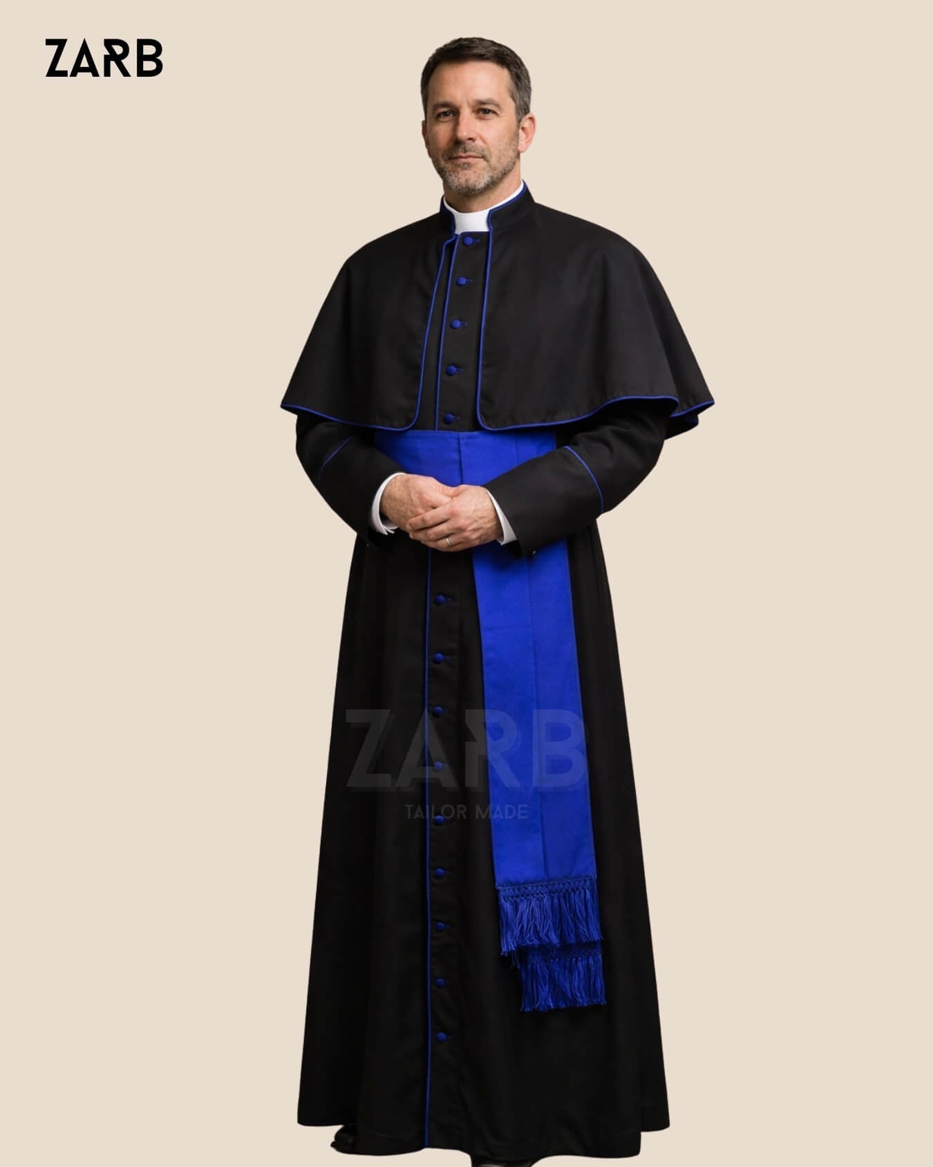 Black Roman Cassock with Blue Trim - Custom Tailored Soutane Noire | Bespoke Tailored ZARB Officials