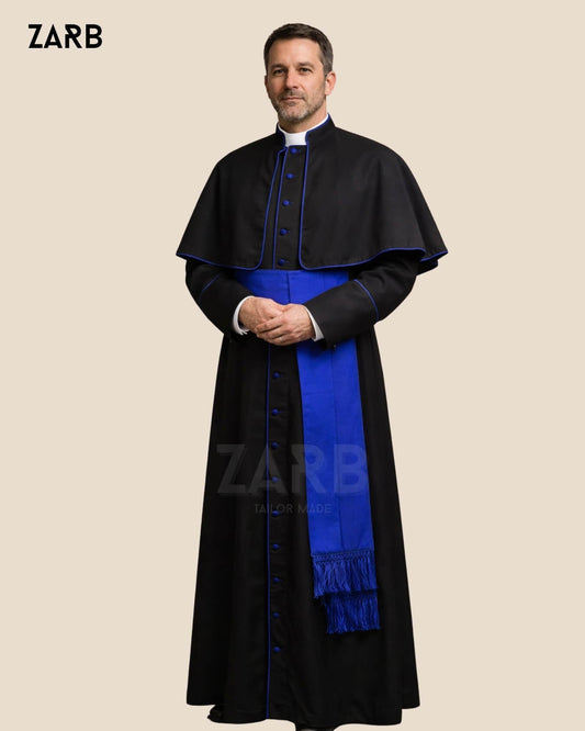 Black Roman Cassock with Blue Trim - Custom Tailored Soutane Noire | Bespoke Tailored ZARB Officials