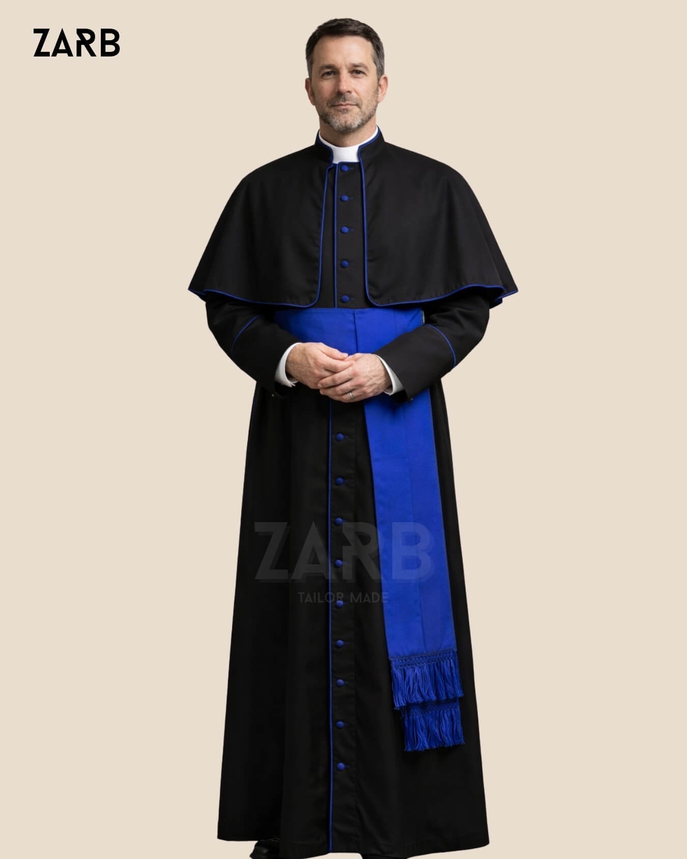 Black Roman Cassock with Blue Trim - Custom Tailored Soutane Noire | Bespoke Tailored ZARB Officials