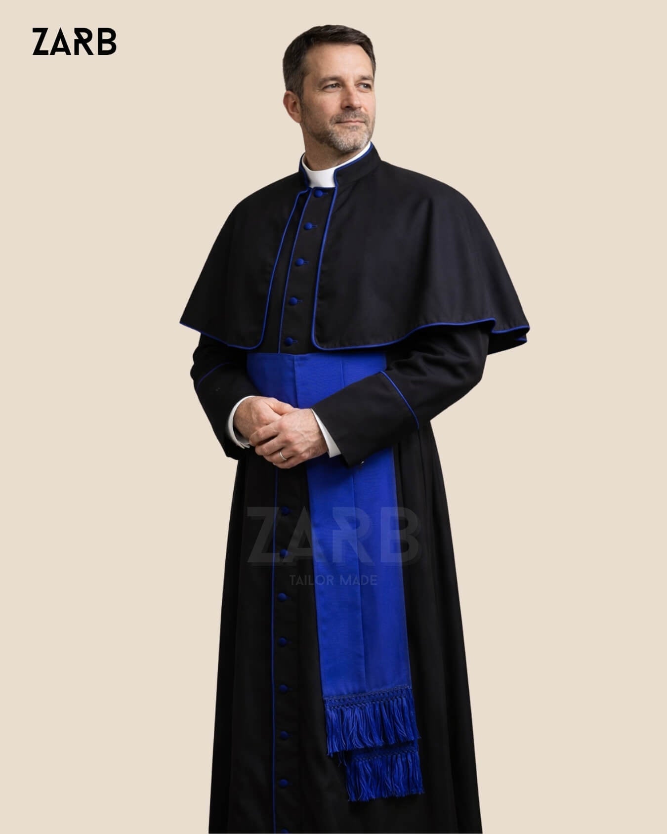 Black Roman Cassock with Blue Trim - Custom Tailored Soutane Noire | Bespoke Tailored ZARB Officials