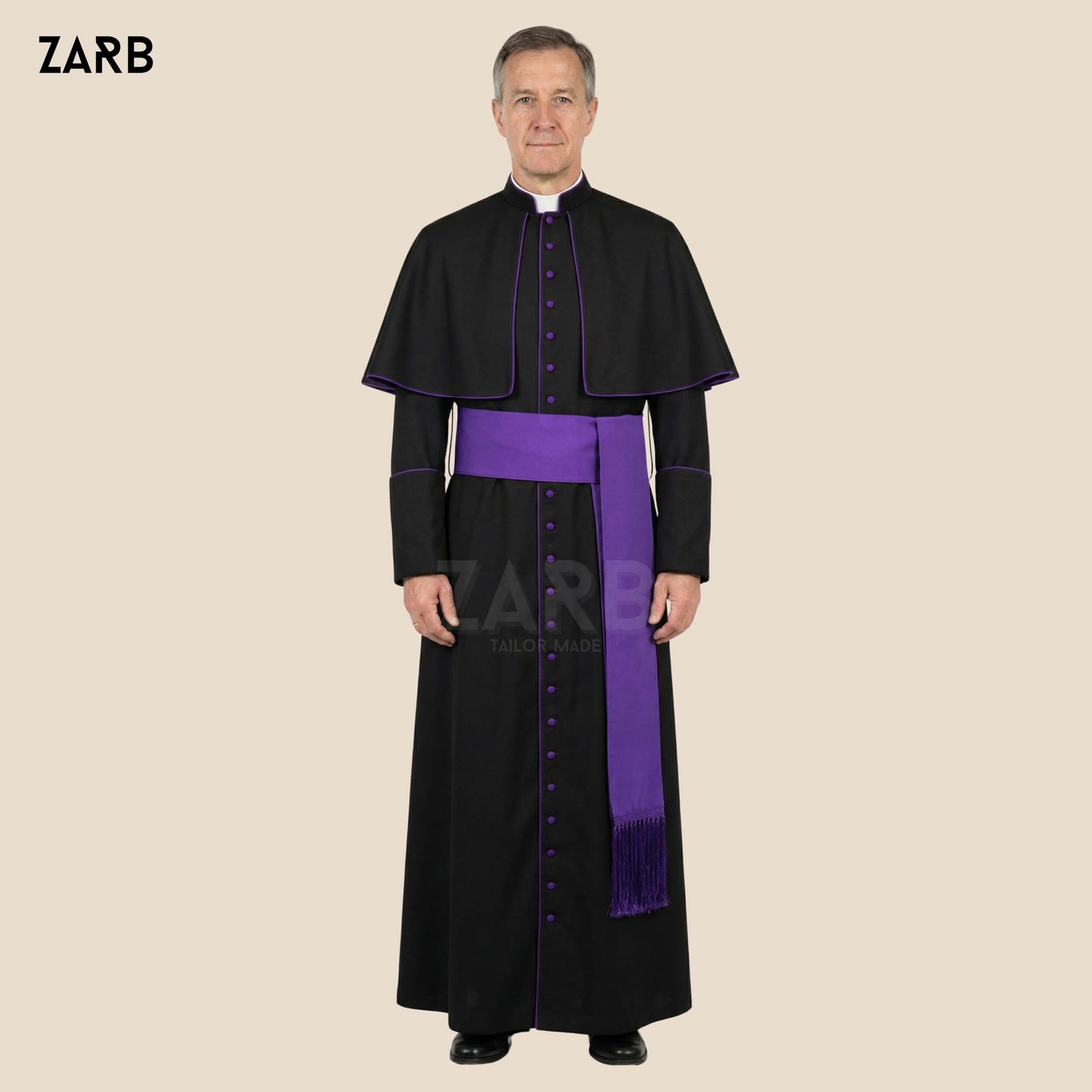 Black Roman Cassock with Purple Trim & Pellegrina – Custom Priest Soutane Noire with Fascia | Bespoke Tailored ZARB Officials