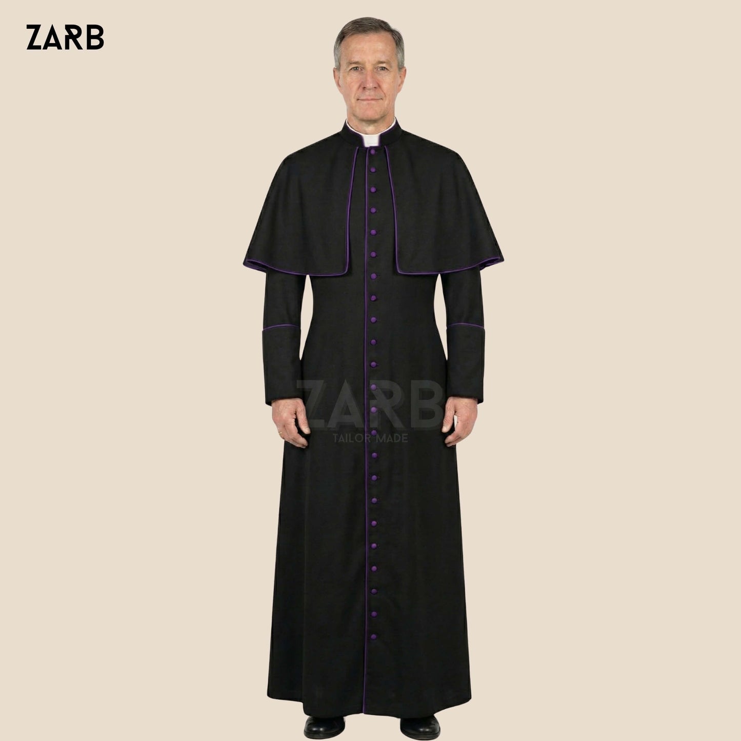 Black Roman Cassock with Purple Trim & Pellegrina – Custom Priest Soutane Noire with Fascia | Bespoke Tailored ZARB Officials