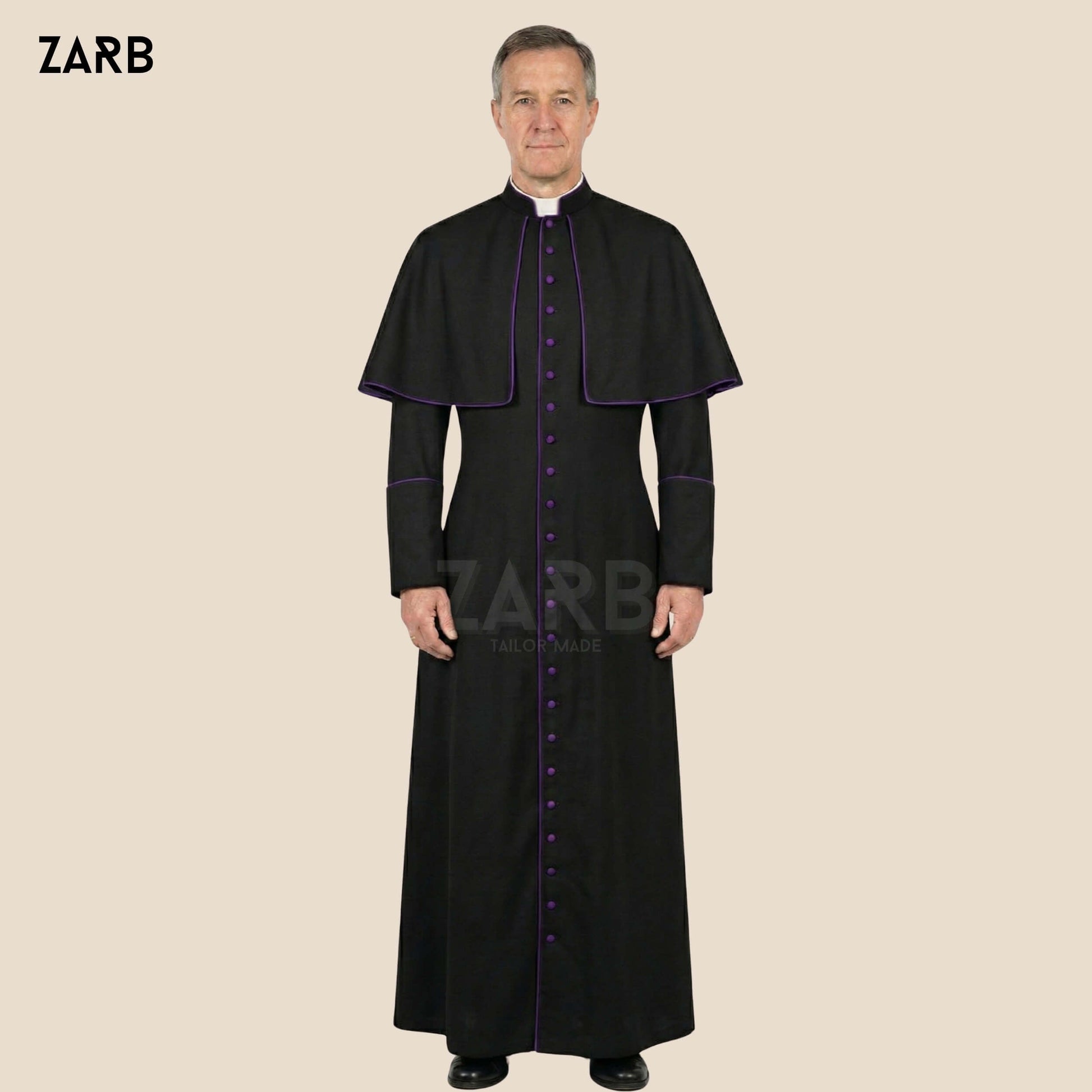 Black Roman Cassock with Purple Trim & Pellegrina – Custom Priest Soutane Noire with Fascia | Bespoke Tailored ZARB Officials