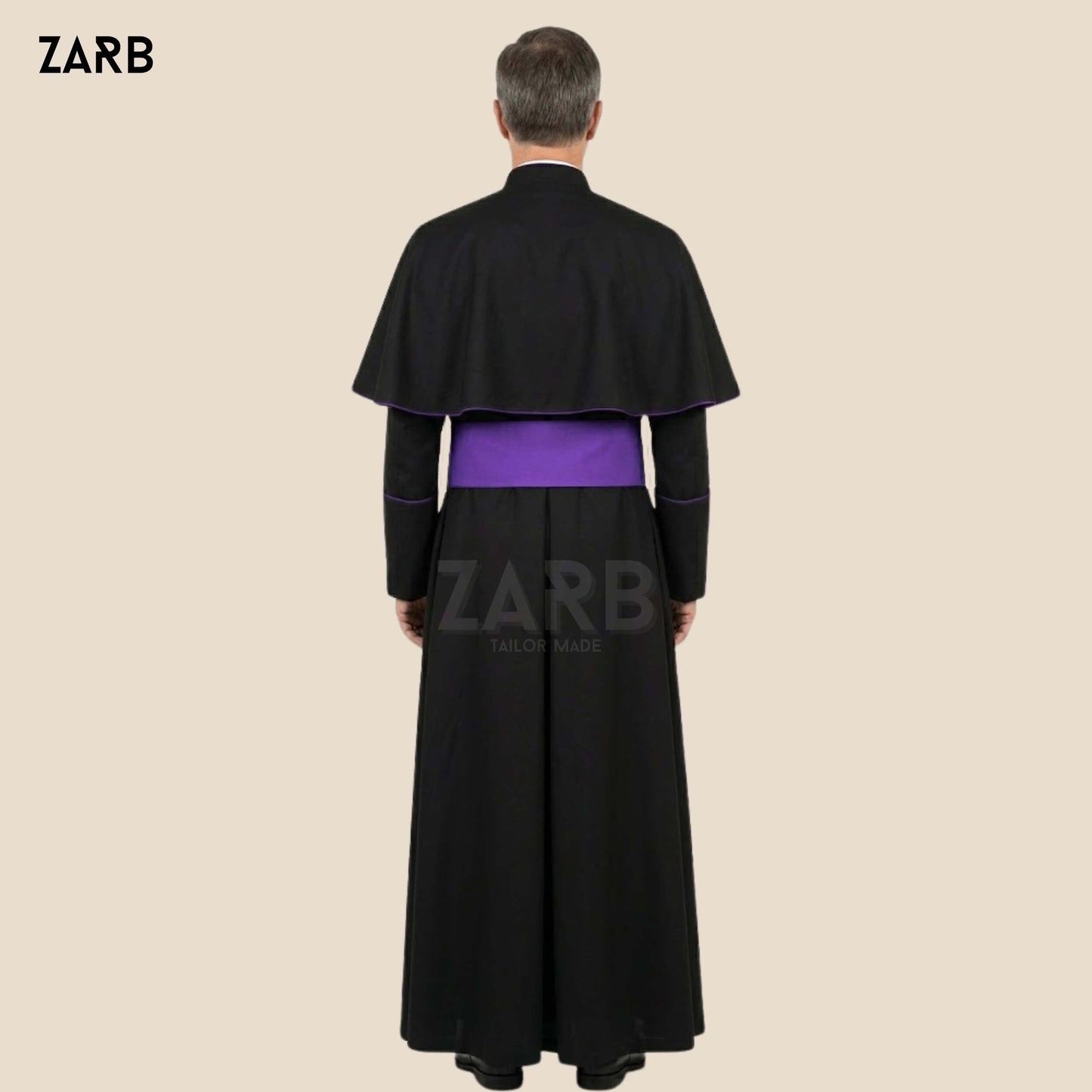 Black Roman Cassock with Purple Trim & Pellegrina – Custom Priest Soutane Noire with Fascia | Bespoke Tailored ZARB Officials