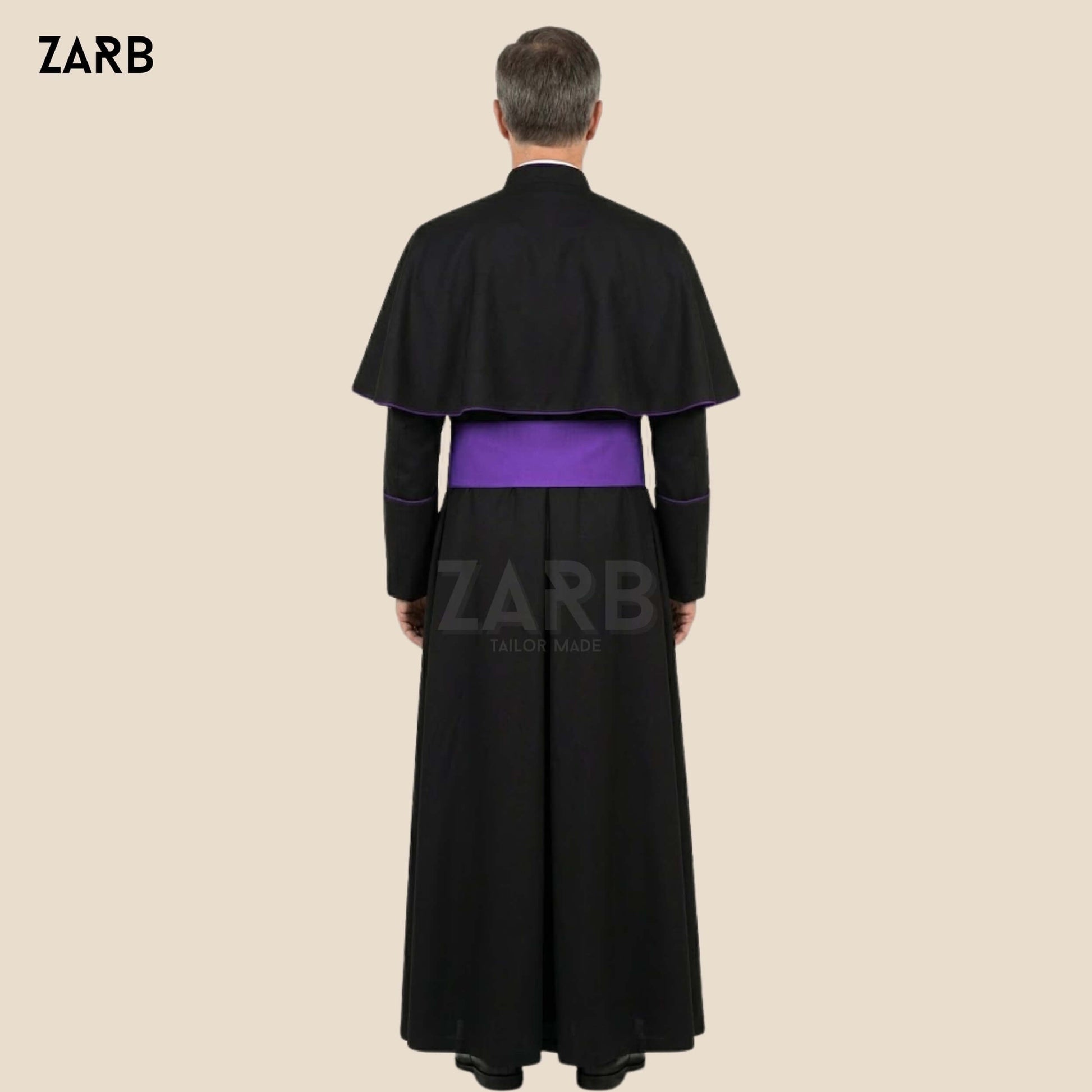 Black Roman Cassock with Purple Trim & Pellegrina – Custom Priest Soutane Noire with Fascia | Bespoke Tailored ZARB Officials