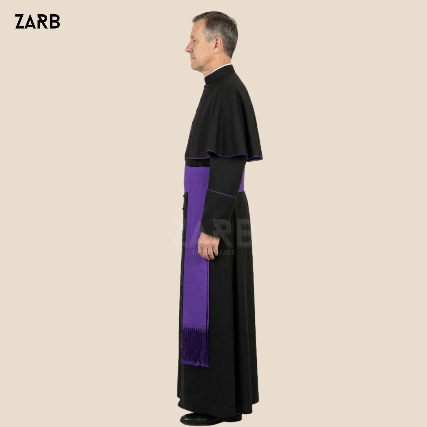 Black Roman Cassock with Purple Trim & Pellegrina – Custom Priest Soutane Noire with Fascia | Bespoke Tailored ZARB Officials
