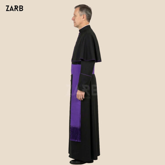 Black Roman Cassock with Purple Trim & Pellegrina – Custom Priest Soutane Noire with Fascia | Bespoke Tailored ZARB Officials