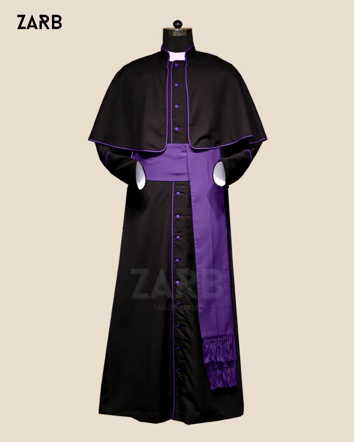 Black Roman Cassock with Purple Trim & Pellegrina – Custom Priest Soutane Noire with Fascia | ZARB Tailor Made Clergy Vestment | Bespoke Tailored ZARB Officials