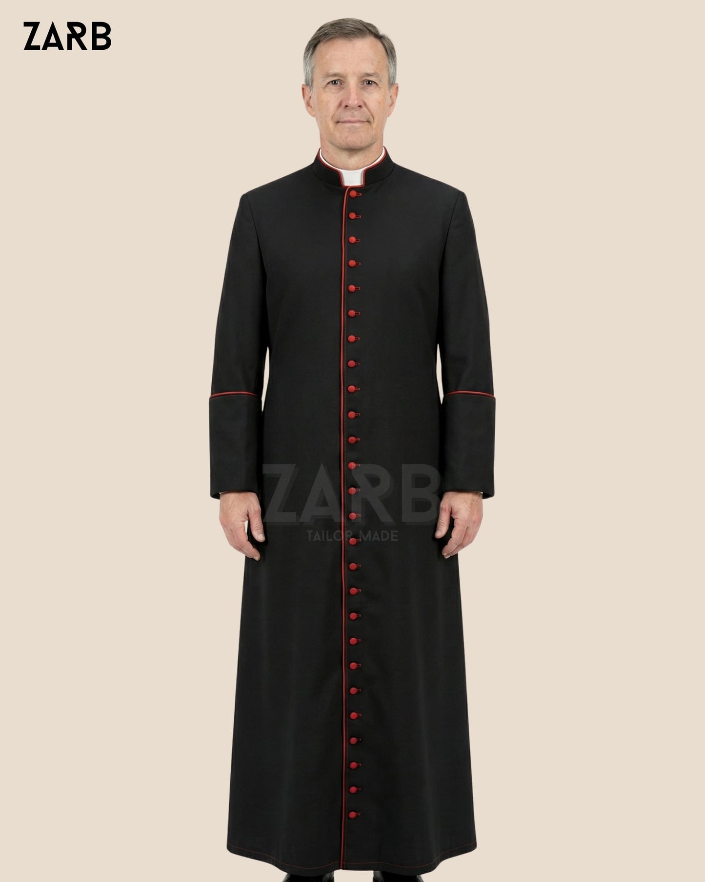 Black Roman Cassock with Red Trim & 33 Buttons – Custom Priest Soutane Noire | ZARB Tailor Made Clergy Vestment | Bespoke Tailored ZARB Officials