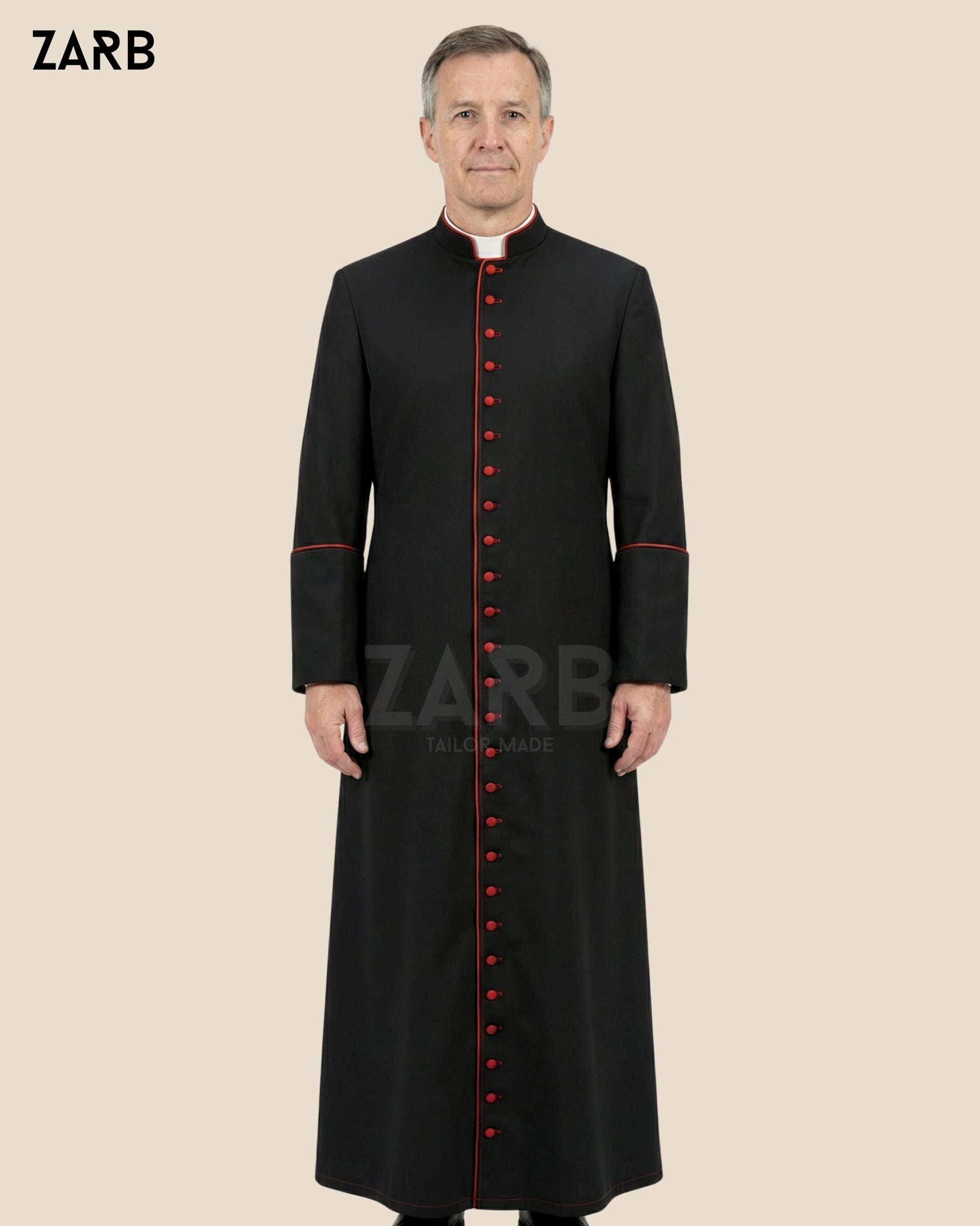 Black Roman Cassock with Red Trim & 33 Buttons – Custom Priest Soutane Noire | ZARB Tailor Made Clergy Vestment | Bespoke Tailored ZARB Officials