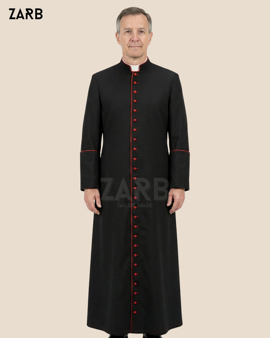 Black Roman Cassock with Red Trim & 33 Buttons – Custom Priest Soutane Noire | ZARB Tailor Made Clergy Vestment | Bespoke Tailored ZARB Officials