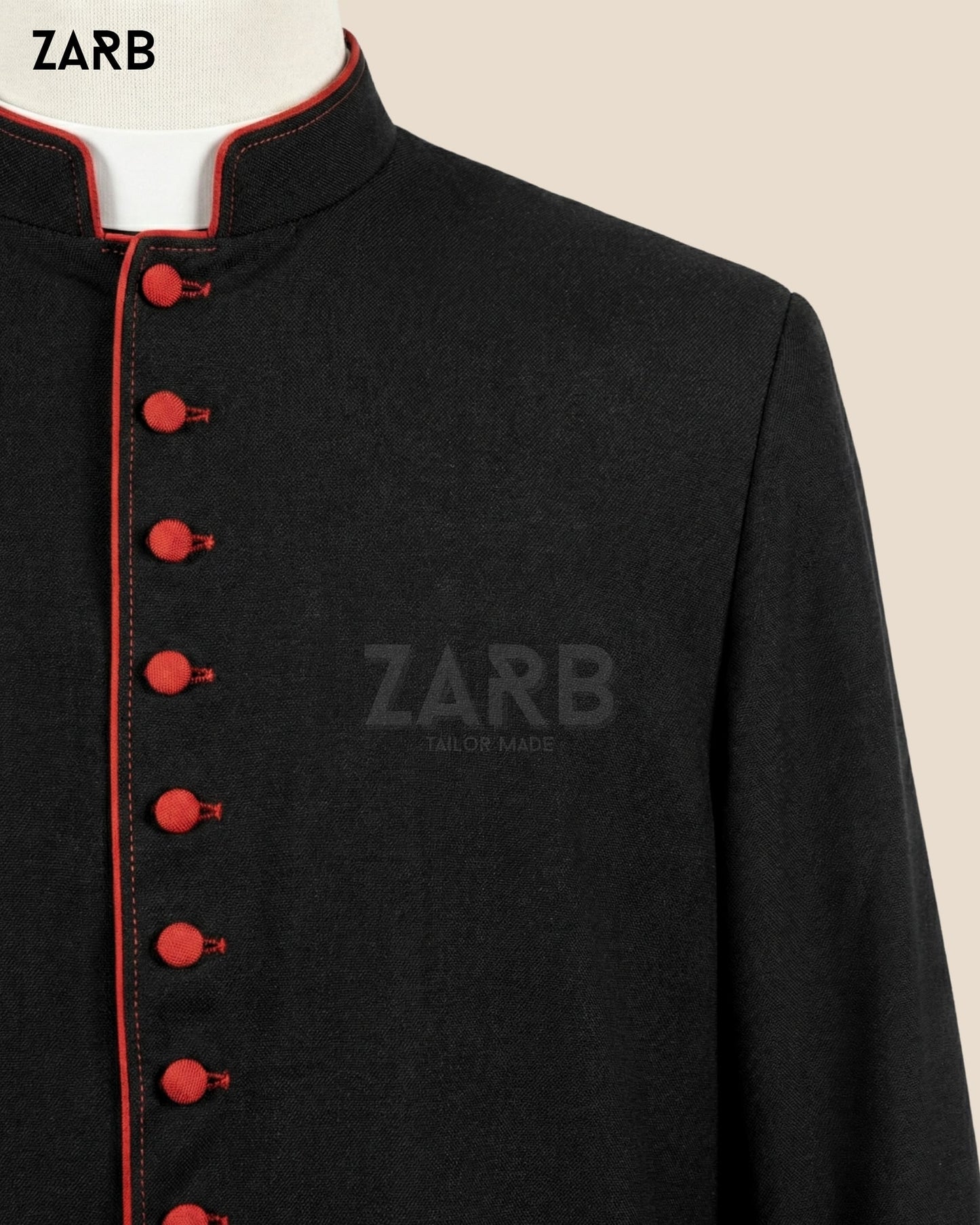 Black Roman Cassock with Red Trim & 33 Buttons – Custom Priest Soutane Noire | ZARB Tailor Made Clergy Vestment | Bespoke Tailored ZARB Officials