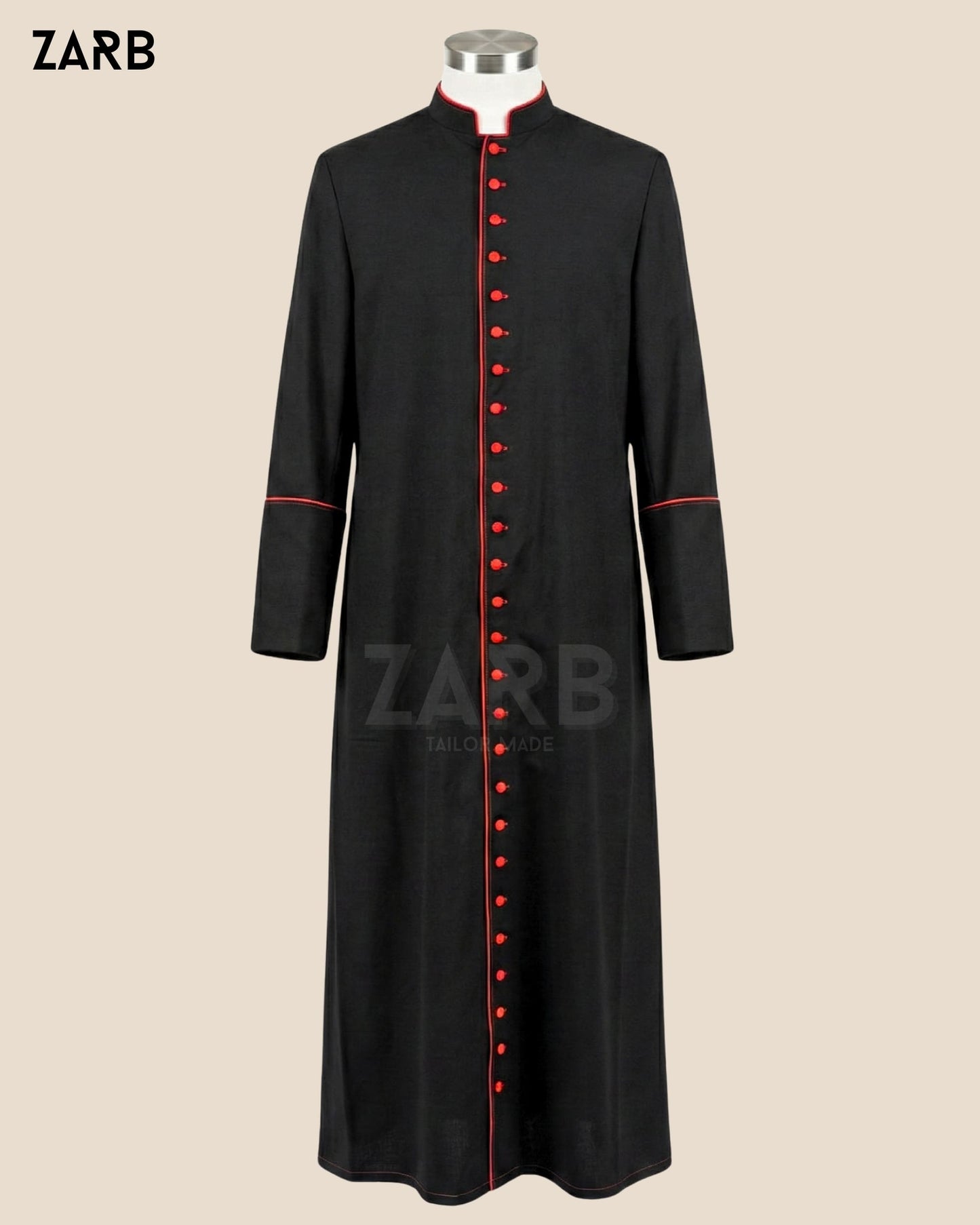 Black Roman Cassock with Red Trim & 33 Buttons – Custom Priest Soutane Noire | ZARB Tailor Made Clergy Vestment | Bespoke Tailored ZARB Officials