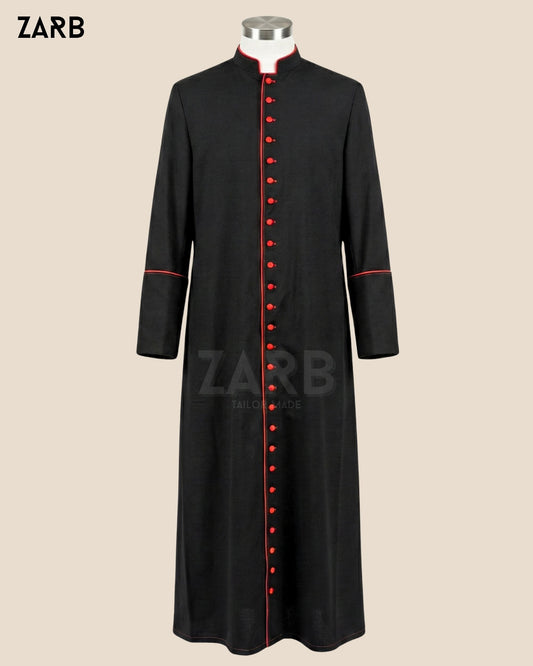 Black Roman Cassock with Red Trim & 33 Buttons – Custom Priest Soutane Noire | ZARB Tailor Made Clergy Vestment | Bespoke Tailored ZARB Officials