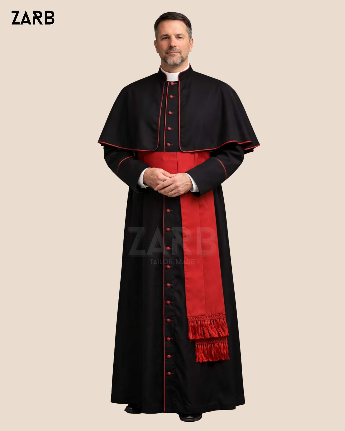 Black Roman Cassock with Red Trim – Custom Clergy Soutane | Bespoke Tailored ZARB Officials
