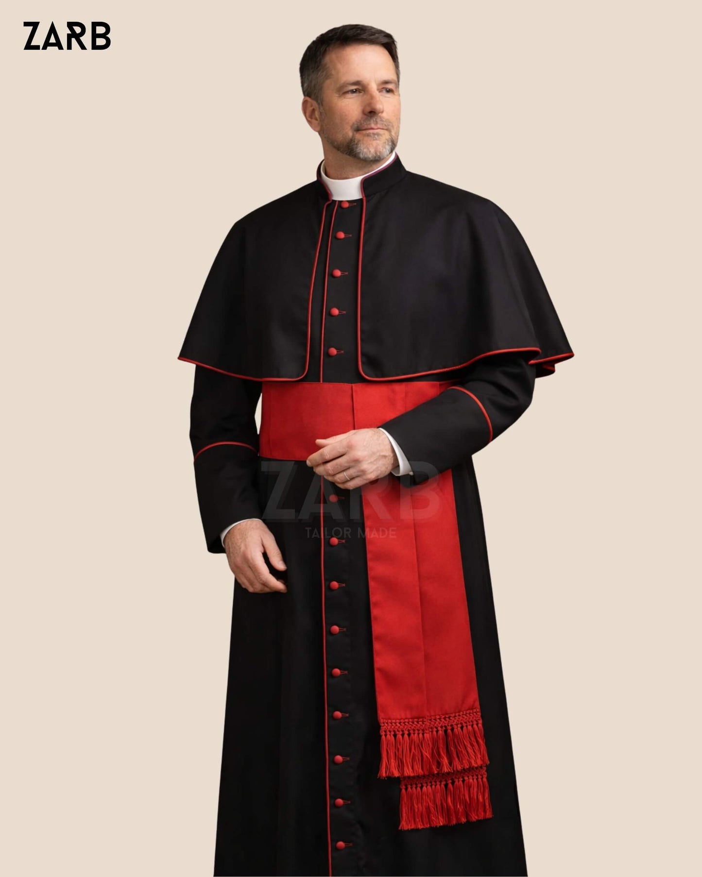 Black Roman Cassock with Red Trim – Custom Clergy Soutane | Bespoke Tailored ZARB Officials