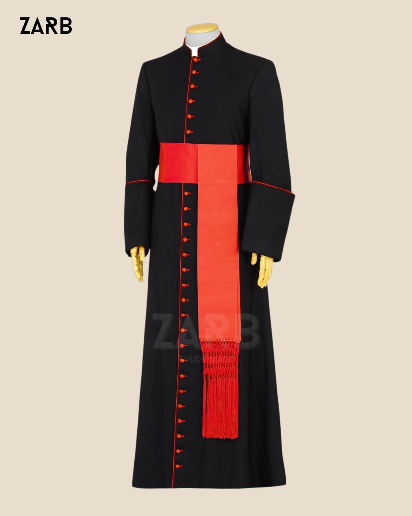 Black Roman Cassock with Red Trim - Custom Priest Soutane Noire | ZARB Tailor Made Clergy Vestment | Bespoke Tailored ZARB Officials