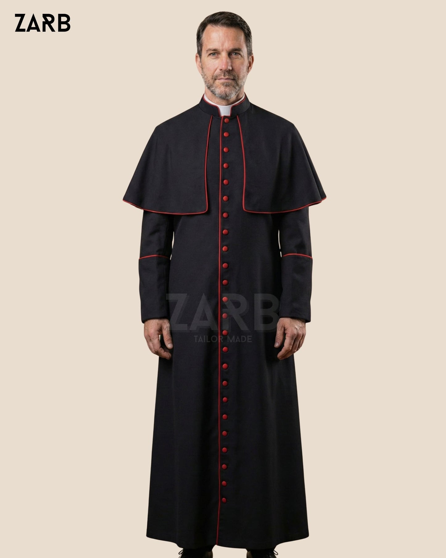 Black Roman Cassock with Red Trim & Mozzetta Cape – Custom Priest Soutane Noire | Bespoke Tailored ZARB Officials
