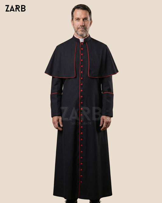 Black Roman Cassock with Red Trim & Mozzetta Cape – Custom Priest Soutane Noire | Bespoke Tailored ZARB Officials