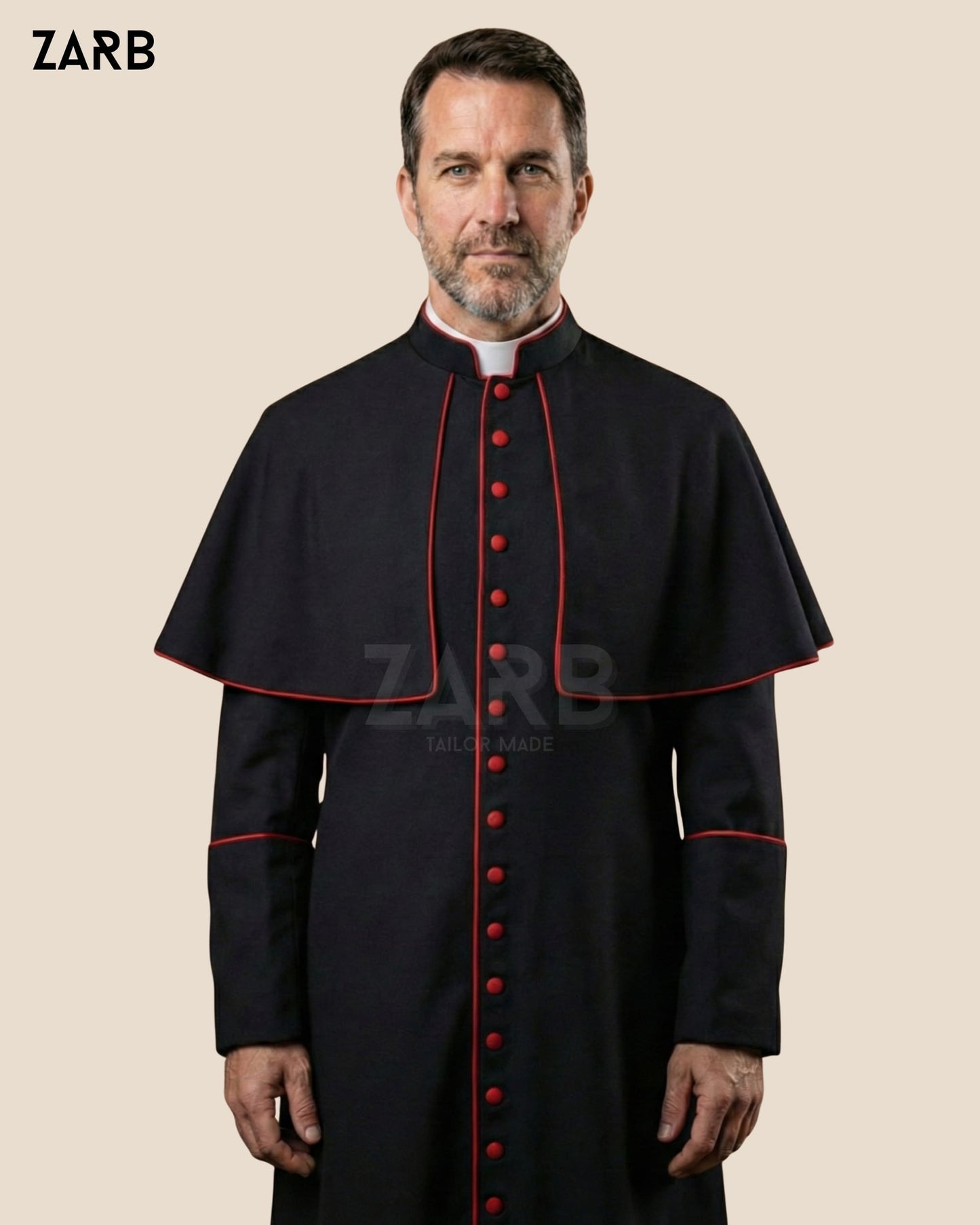 Black Roman Cassock with Red Trim & Mozzetta Cape – Custom Priest Soutane Noire | Bespoke Tailored ZARB Officials