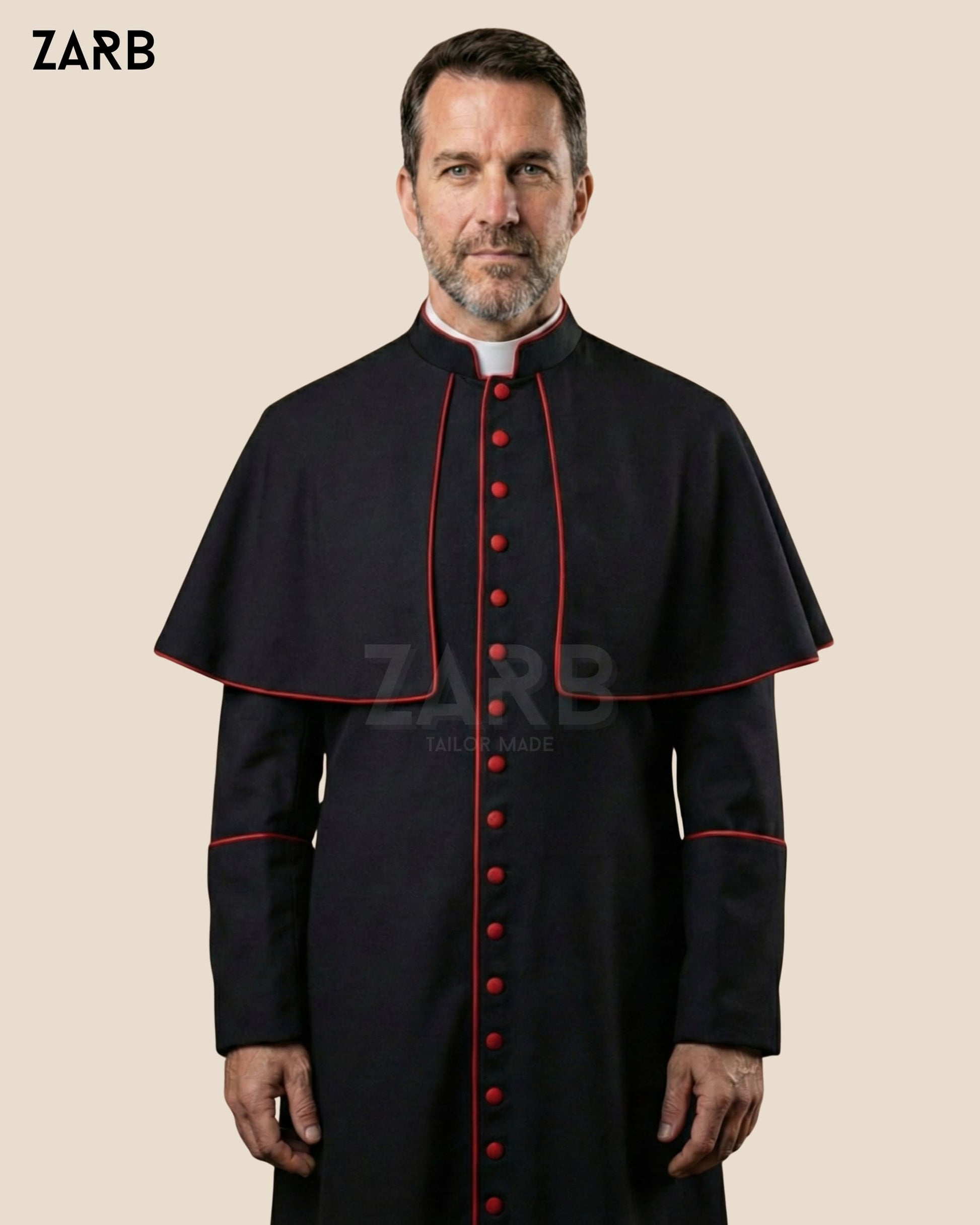 Black Roman Cassock with Red Trim & Mozzetta Cape – Custom Priest Soutane Noire | Bespoke Tailored ZARB Officials