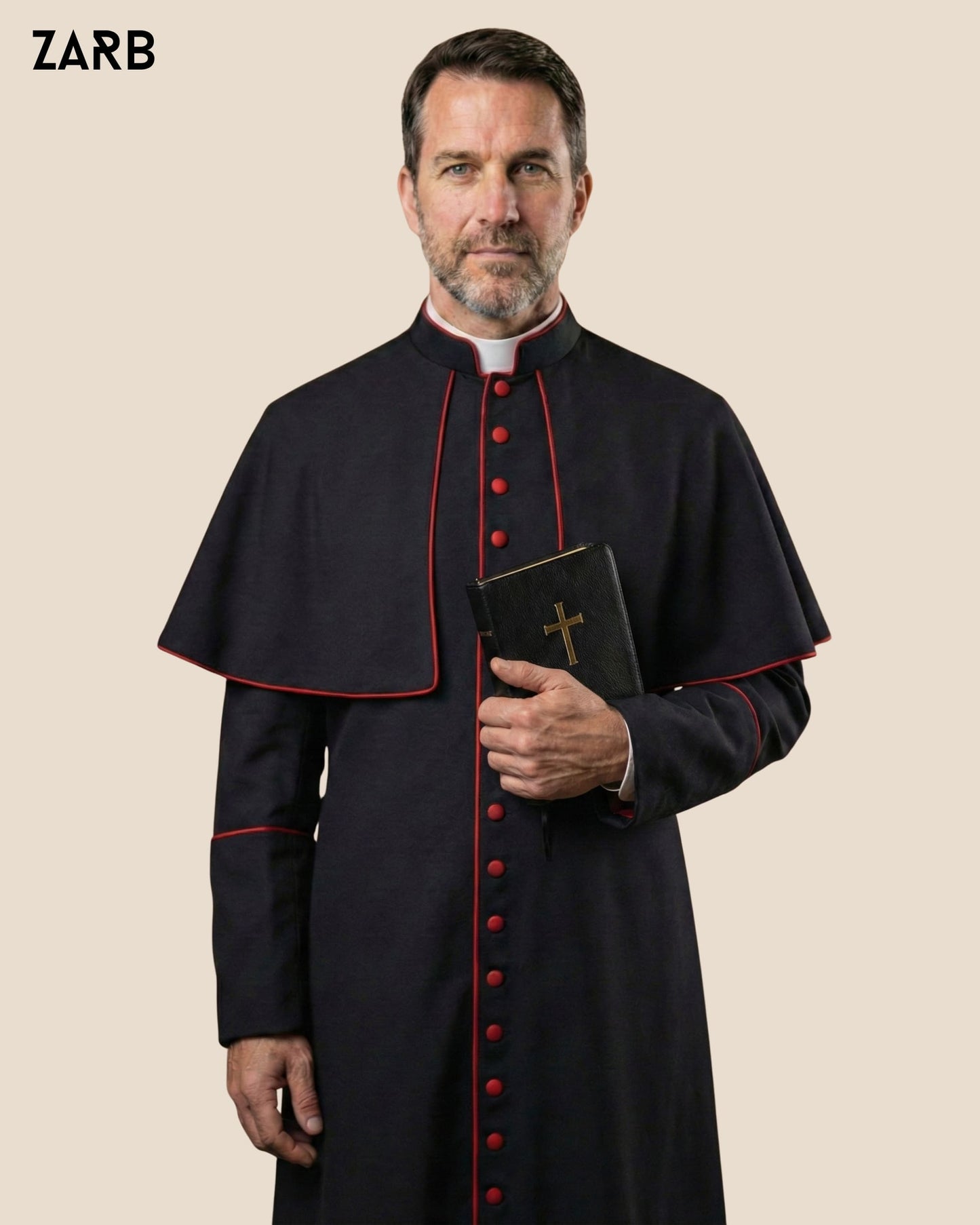 Black Roman Cassock with Red Trim & Mozzetta Cape – Custom Priest Soutane Noire | Bespoke Tailored ZARB Officials